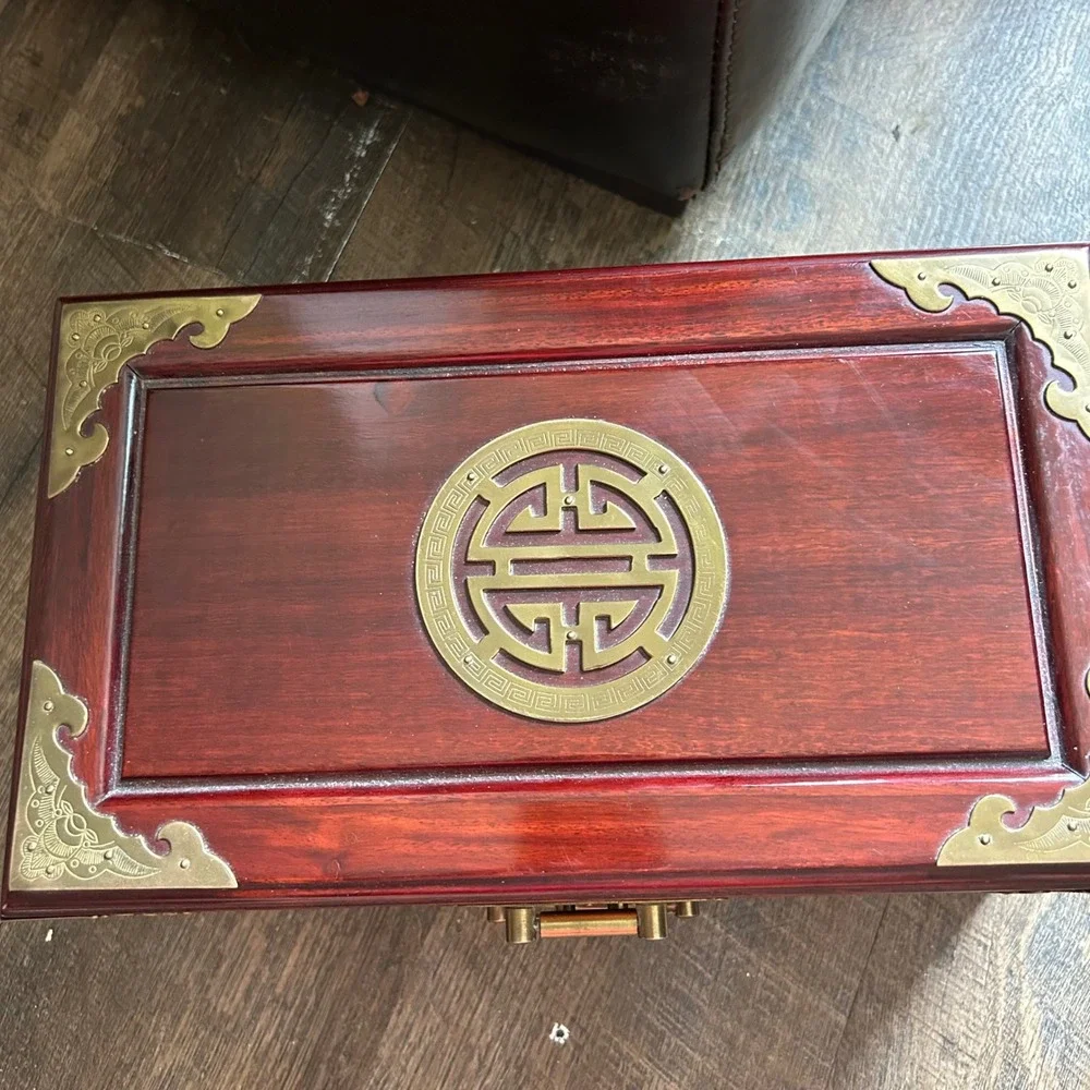 Vintage Chinese Rosewood Hongmu Jewelry Box Brass Hardware Red Silk Lining 12in
